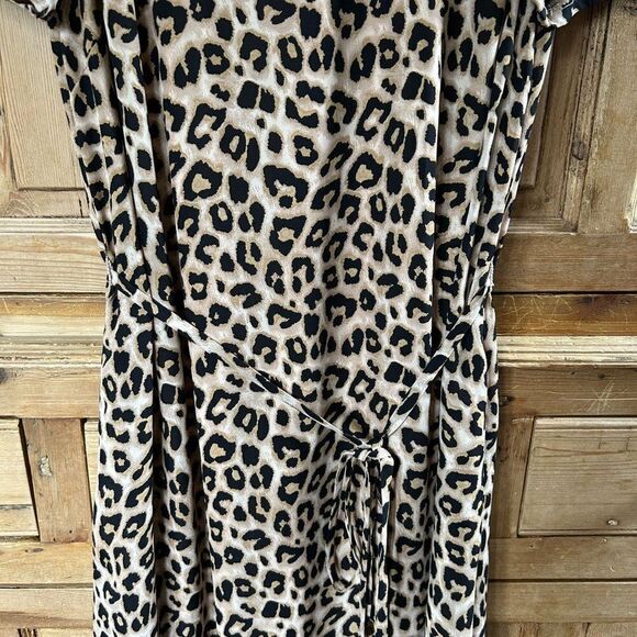 Avec Les Filles 10 Leopard Print Dress Mock Neck Short Sleeve Belted - Picture 7 of 16
